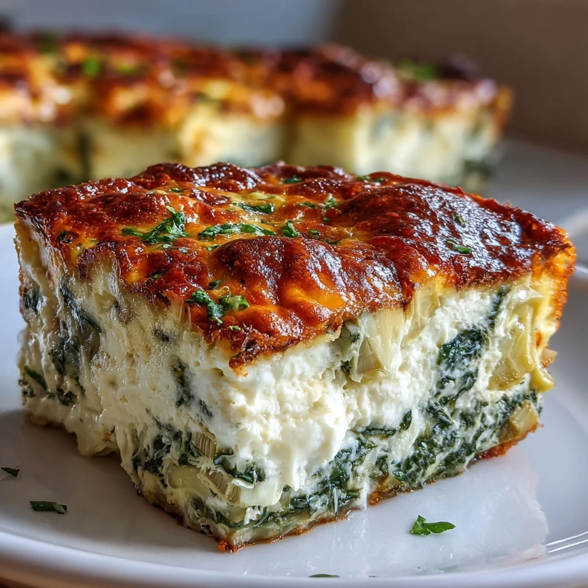 Spoon serving of creamy High Protein Spinach Artichoke Bake next to a fresh salad for dinner.
