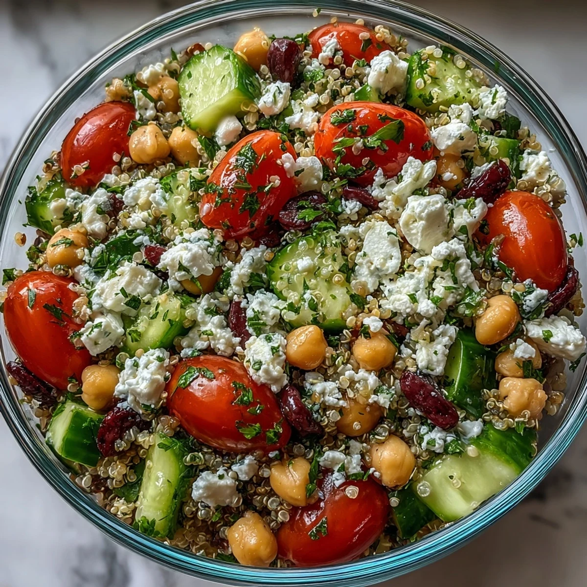 A vibrant bowl of High Protein Quinoa & Chickpea Salad featuring cherry tomatoes, cucumber, and crumbled feta.