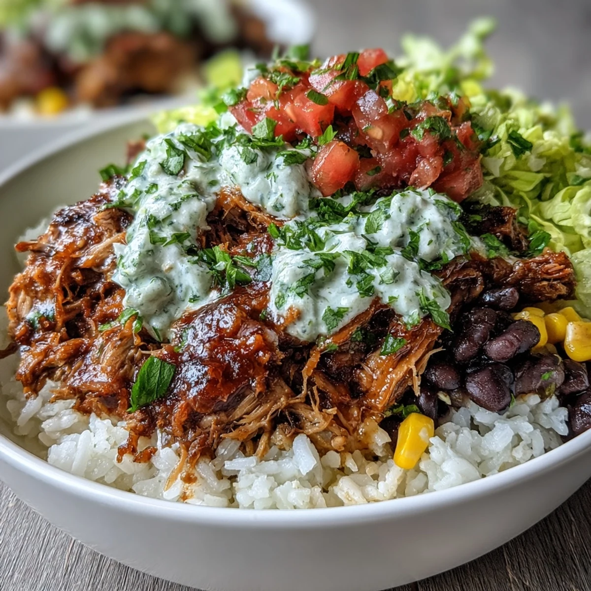 Crisp romaine lettuce and sweet corn top this hearty Carnitas Burrito Bowl, finished with zesty salsa.