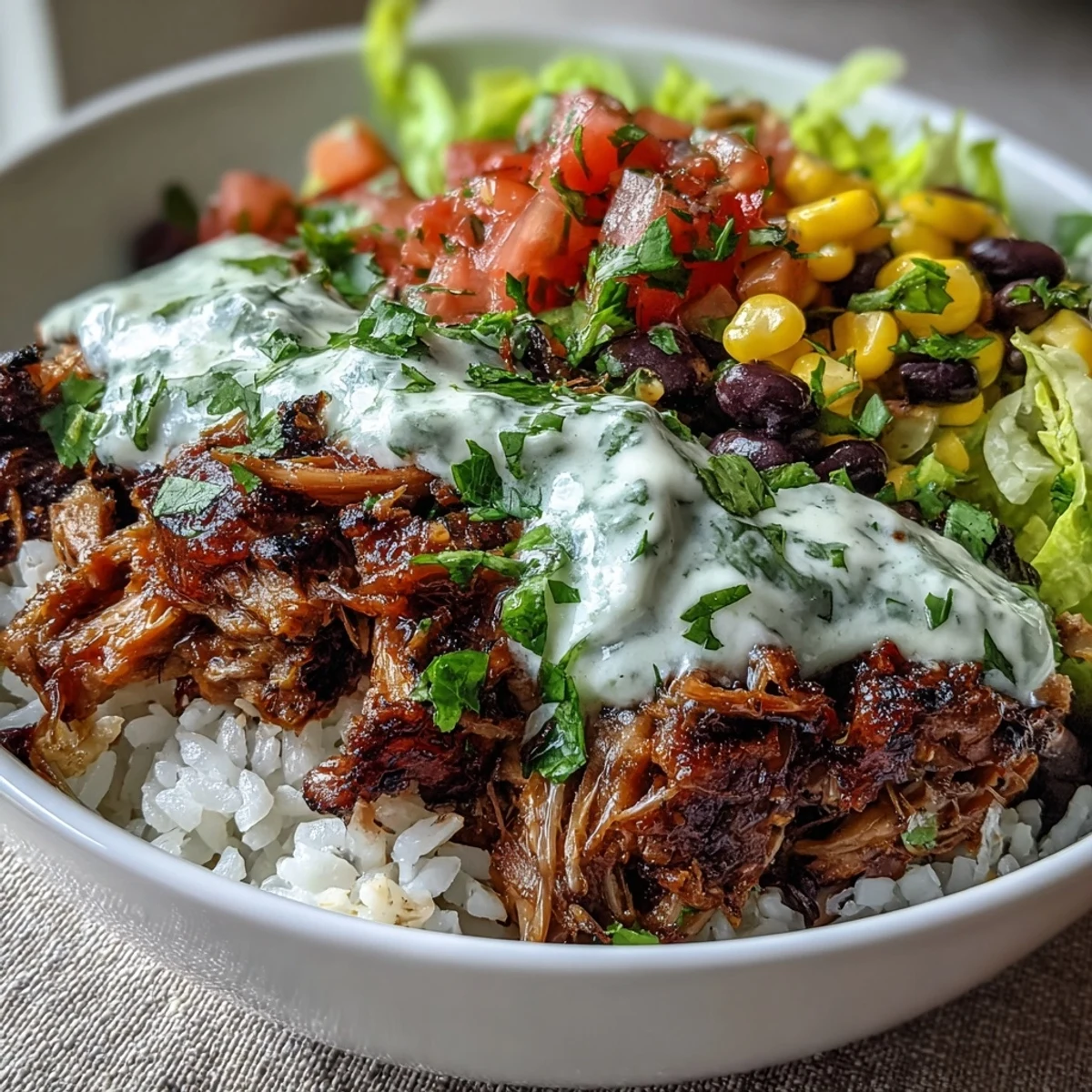 Savory Carnitas Burrito Bowl with tender slow-cooked pork piled on fluffy rice and black beans.