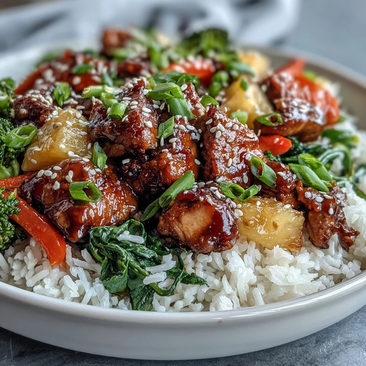 Fresh pineapple garnish and sesame seeds add bright flavor and texture to the Japanese-American main dish.
