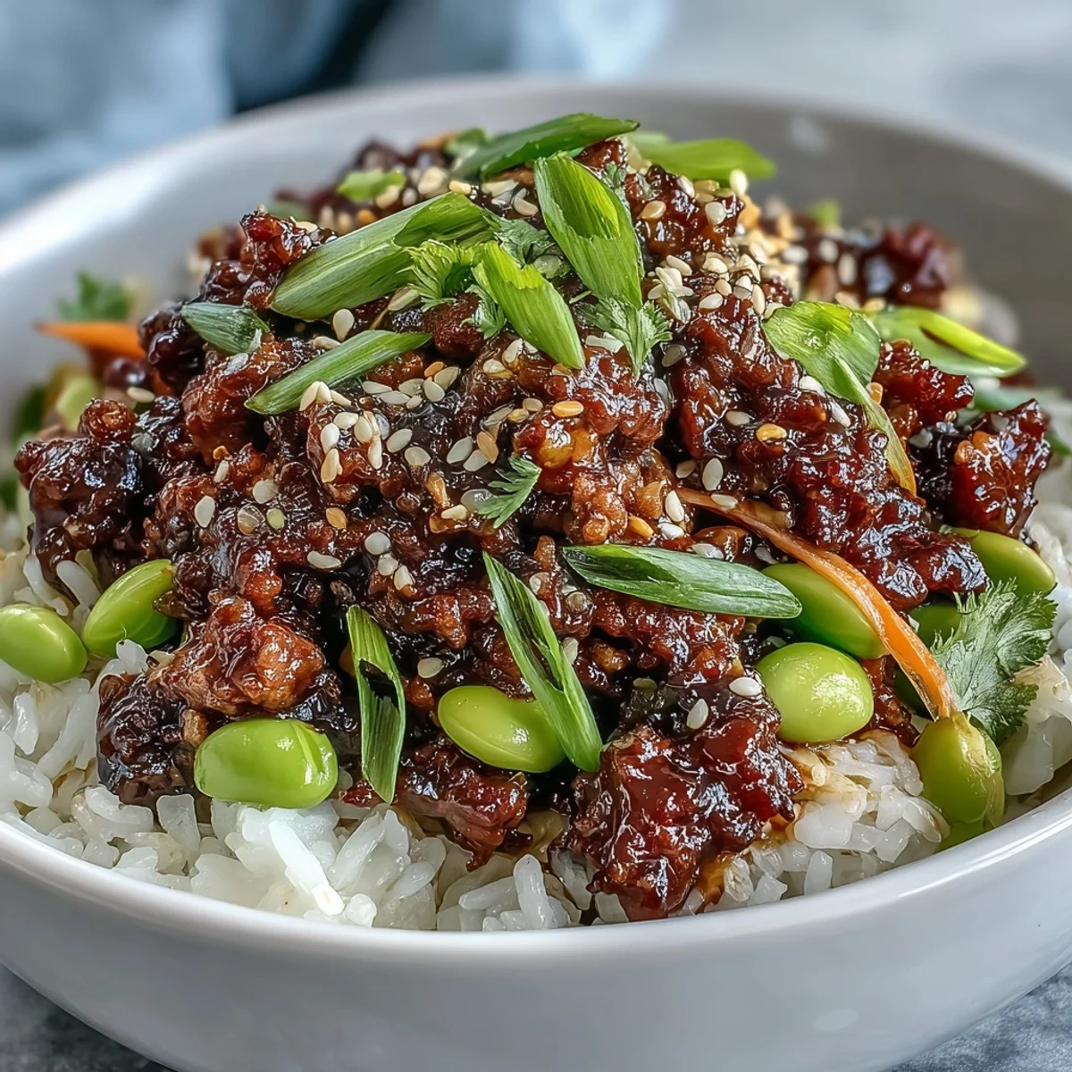 Freshly cooked gochujang ground beef sizzles over steamed rice with crunchy carrots and cucumber.