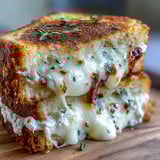 Two halves of a Goat Cheese Griled Cheese with Honey & Chili Flakes are cut on a wooden board, showing melted cheese and red chili flakes. 