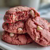Stack of soft Pink Velvet Cookies revealing chewy texture and creamy white chocolate chips on a rustic wooden table.
