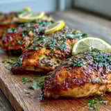 Sliced juicy Oven Baked Chicken Breast served with roasted vegetables and a drizzle of pan juices on a plate.