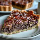 Decadent chocolate and pecan tart with golden crust, perfect for Kentucky Derby parties or as a festive dessert centerpiece.