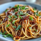 Aromatic gochujang butter pasta with glossy sauce clinging to linguine, garnished with sesame seeds and sliced green onions.  