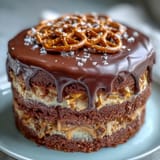 Moist chocolate cake layers filled with creamy peanut butter, topped with crunchy pretzels.