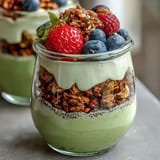 Fiber-rich avocado chia pudding parfait, a refreshing breakfast delight with fresh fruit.