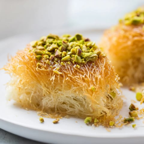 Golden-brown Lebanese Knafeh, a dessert with cheese, syrup and a sprinkle of pistachios.