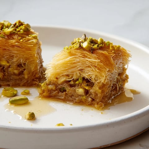 Golden-brown Egyptian Konafa, a sweet Middle Eastern dessert, ready to be drizzled with syrup.
