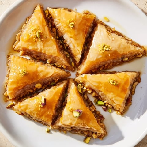 Golden-brown Turkish baklava with layers of flaky phyllo pastry and glistening honey syrup.
