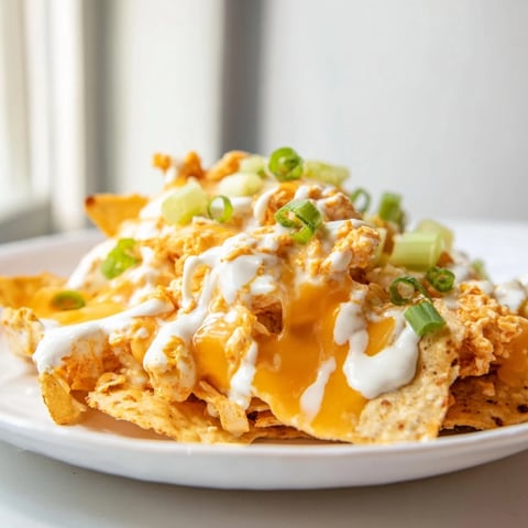 Golden Buffalo Chicken Nachos with melted cheddar and Monterey Jack cheese bubbling over crispy tortilla chips, finished with a cool ranch drizzle.