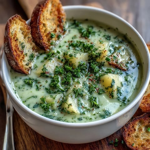 Creamy Garlic and Herb Soup garnished with fresh parsley and chives served in a rustic bowl.