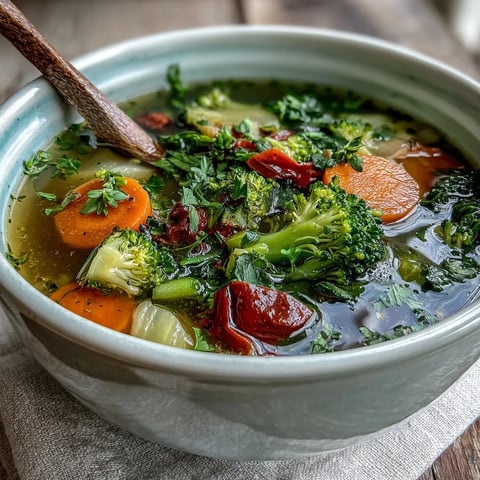 Bowl of Ginger Vegetable Soup with vibrant carrots, broccoli, and red bell peppers in a clear broth.