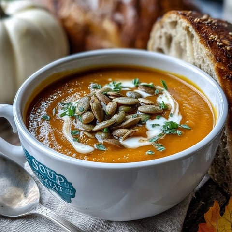 A bowl of creamy pumpkin soup with toasted seeds and herbs, garnished for a cozy autumn meal.