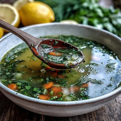 Lemon Herb Soup steaming in a white bowl, garnished with fresh dill and lemon slices for a bright Mediterranean meal.