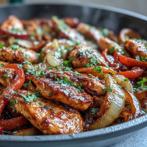 Sizzling Easy Chicken Fajitas with colorful peppers and onions ready to fill warm tortillas.  
