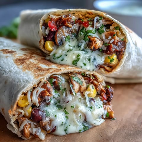 Golden-brown, soft flour tortillas stuffed with sautéed mushrooms, black beans, and sweet corn, ready to serve.