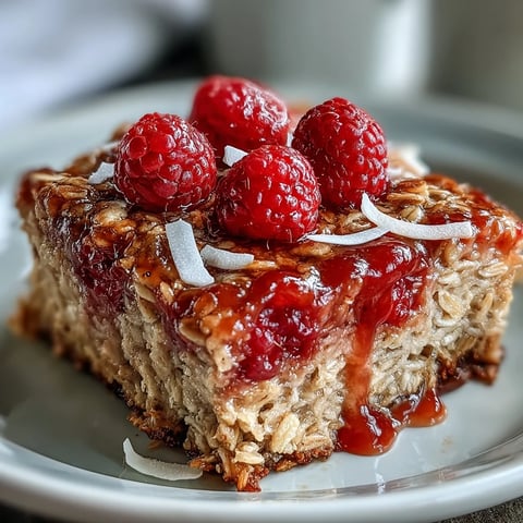 A warm slice of baked oatmeal with raspberry and coconut, topped with juicy berries and toasted flakes on a cozy morning.