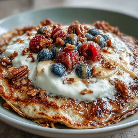 Warm Protein Pancake Bowl with creamy Greek yogurt, sliced bananas, fresh berries, and a honey drizzle.