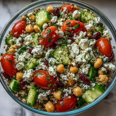 A vibrant bowl of High Protein Quinoa & Chickpea Salad featuring cherry tomatoes, cucumber, and crumbled feta.