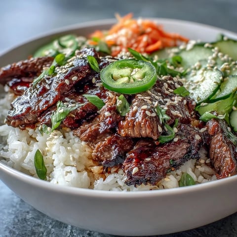 Close-up of a Korean Beef Power Bowl with sesame-ginger beef, fluffy rice, pickled carrots, cucumber slices, and creamy sriracha mayo.