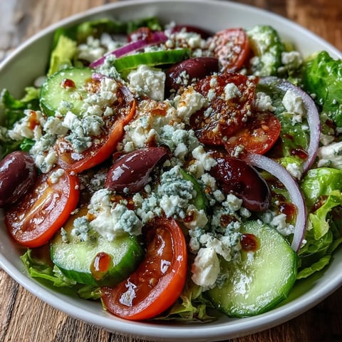 Freshly tossed Greek Salad Bowl with crisp romaine, briny Kalamata olives, and creamy crumbled feta cheese.