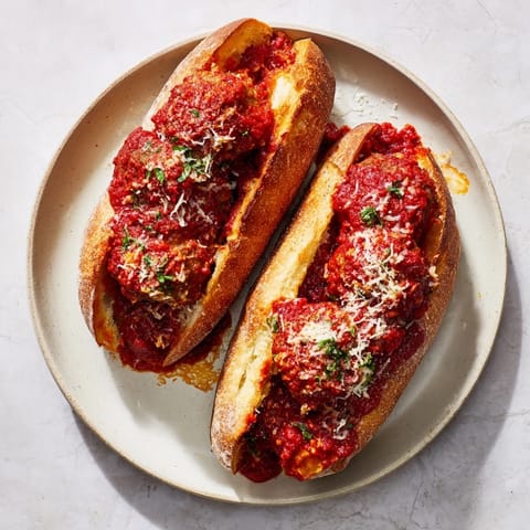 Close-up of a Meatball Marinara Sub Sandwich with melted cheese and a rustic toasted roll.