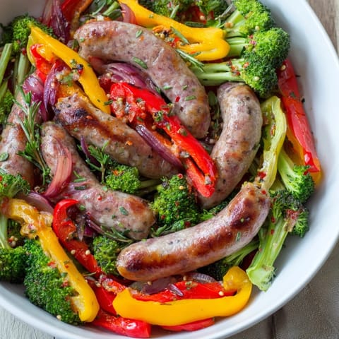 Simple Sheet-Pan Sausage, Broccoli, and Bell Peppers sizzling with roasted vegetables, ready to serve.