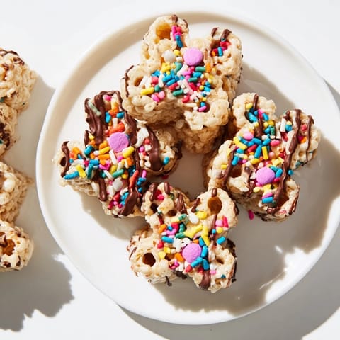 Warm, golden cookie cutter shaped Rice Krispies Treats, ready to eat with colorful sprinkles.