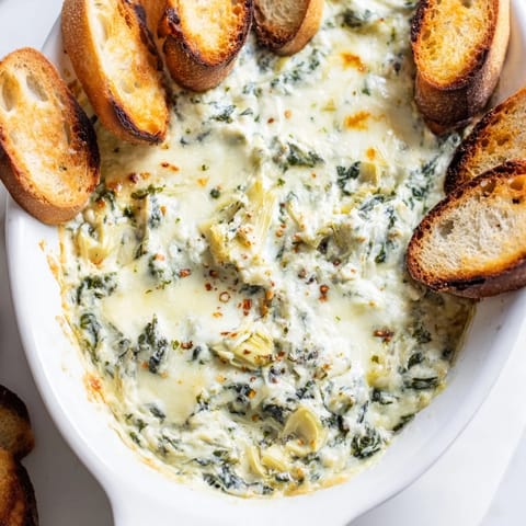 Creamy Spinach Artichoke Dip bubbling in a baking dish, ready to be scooped with toasted bread.