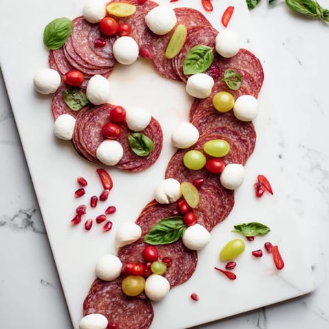 This holiday Candy Cane Zigzag appetizer board showcases salami, mozzarella, and juicy tomatoes and grapes.