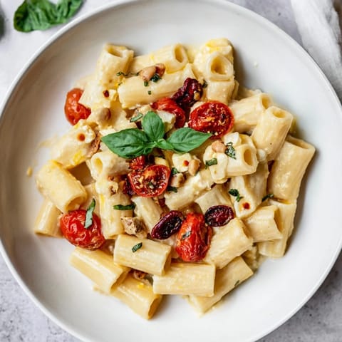 Golden, oven-baked feta cheese with vibrant tomatoes and cranberries in this flavorful pasta recipe.