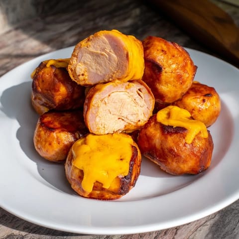 Cheesy, bite-sized chicken and sausage Bisquick balls, fresh from the oven, offering a delightful aroma.