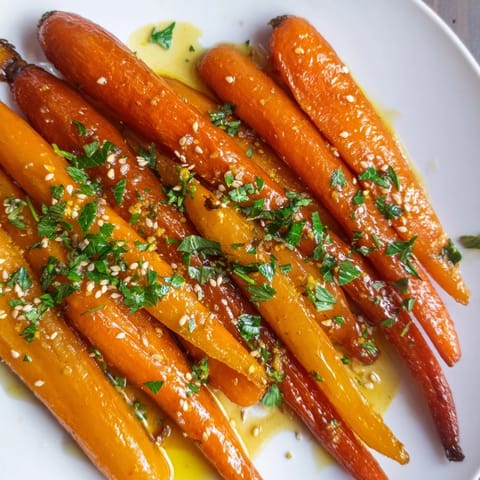 Warm, tender Maple Mustard Roasted Carrots offer a sweet and savory glazed side dish.