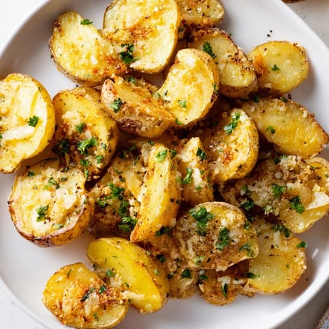 Ultra-crispy Garlic Parmesan Potatoes, golden-brown and delicious, baked to perfection for a flavorful snack.