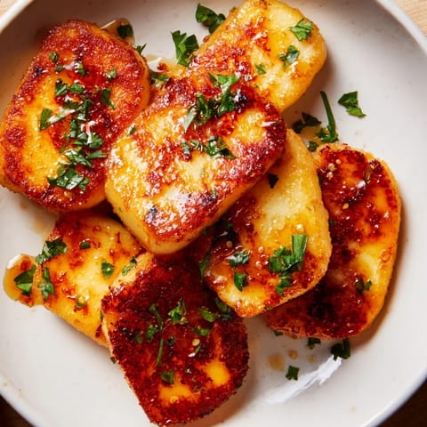 Delectable close-up of Hot Honey Halloumi, showing the golden-brown cheese and honey drizzle.