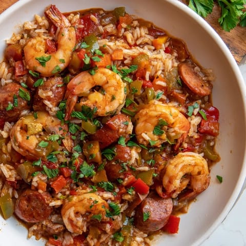 Vivid image: a steaming Jambalaya Skillet with shrimp, served in a rustic cast iron pan.