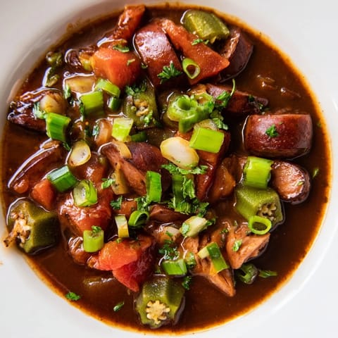 A close-up shot of rich and flavorful Gumbo Okra Soup bubbling in a pot, a Cajun delight.