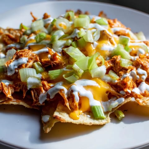Freshly baked Buffalo Chicken Nachos topped with vibrant green onions, diced celery, and cilantro, served hot for a perfect game-day appetizer.