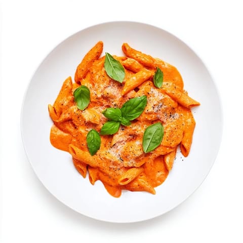 A close-up of creamy roasted red pepper pasta sauce coating penne, garnished with basil.  