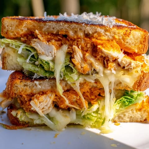Fresh romaine lettuce and a drizzle of tangy buffalo sauce make this easy American sandwich look crispy and golden.  