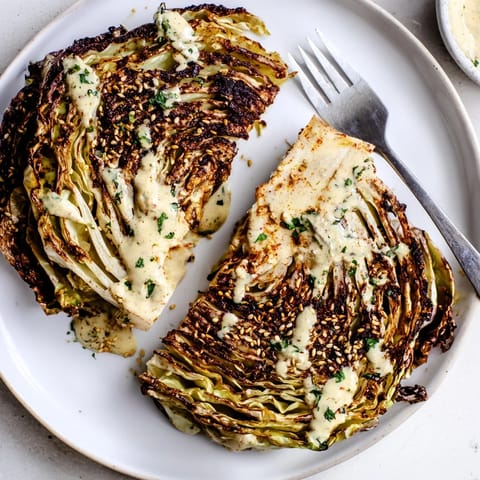 Roasted Cabbage Steaks With Tahini on a platter with lemon wedges and sesame seeds, served warm for dinner.