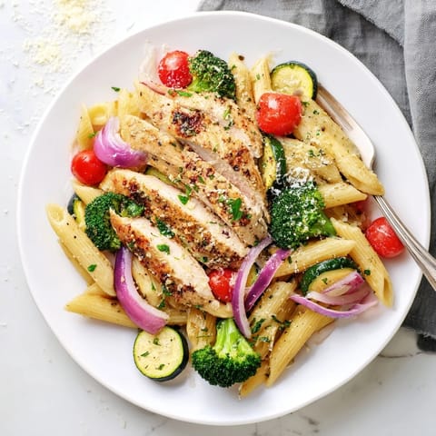 Garlic herb chicken and veg pasta served warm, garnished with fresh parsley and grated Parmesan on a rustic table.