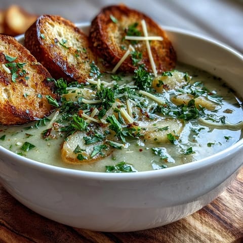 Garlic and Herb Soup simmering in a pot, showcasing golden garlic and diced potatoes in vegetable broth.