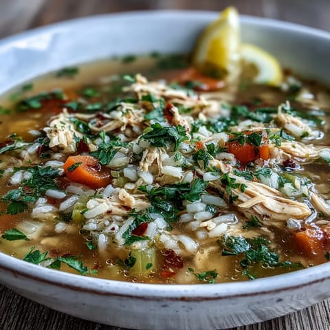 Steamy Cozy Winter Chicken and Rice Soup in a rustic bowl with fresh parsley garnish. 