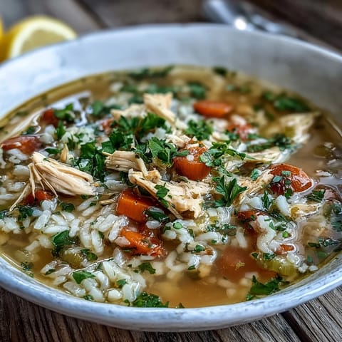 Tender shredded chicken and fluffy rice simmer in aromatic vegetables within this comforting soup. 