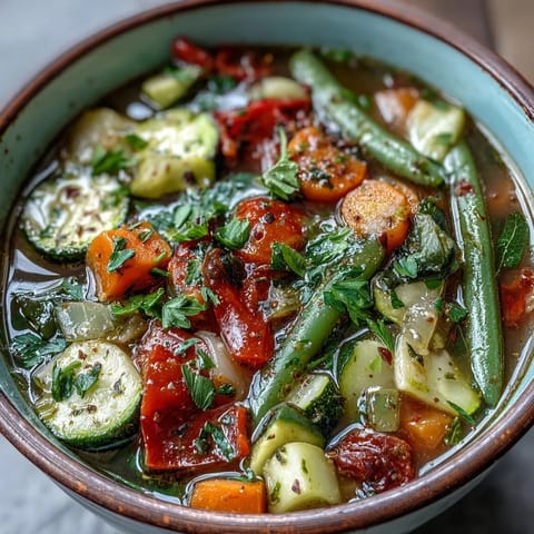 Hearty Italian Herb Vegetable Soup served hot with crusty bread on the side, ready to be ladled into bowls.