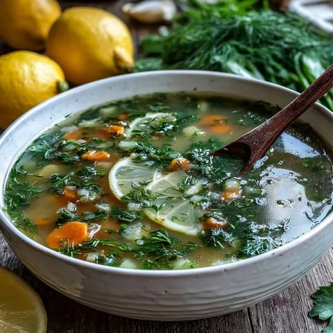 A pot of Lemon Herb Soup simmering on the stove, featuring diced carrots, celery, and parsley in savory broth.